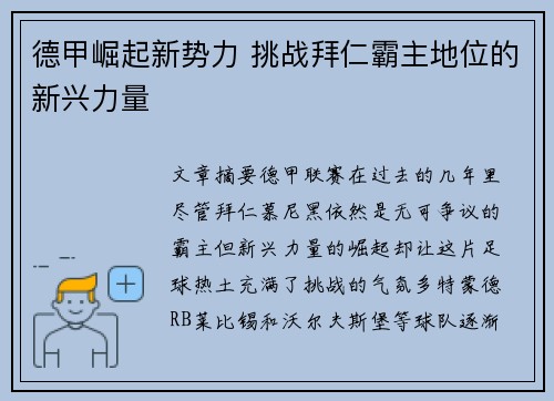 德甲崛起新势力 挑战拜仁霸主地位的新兴力量