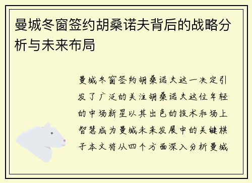 曼城冬窗签约胡桑诺夫背后的战略分析与未来布局