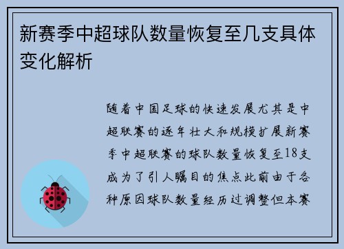 新赛季中超球队数量恢复至几支具体变化解析