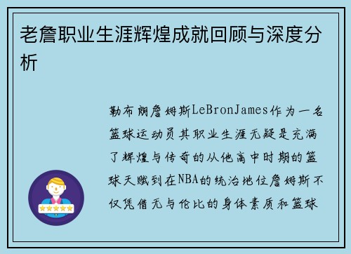 老詹职业生涯辉煌成就回顾与深度分析