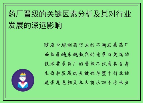 药厂晋级的关键因素分析及其对行业发展的深远影响 药厂晋级的关键因素分析及其对行业发展的深远影响