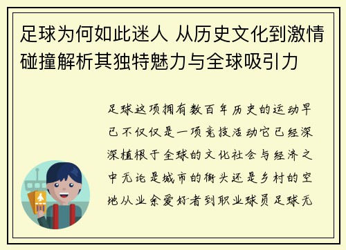 足球为何如此迷人 从历史文化到激情碰撞解析其独特魅力与全球吸引力